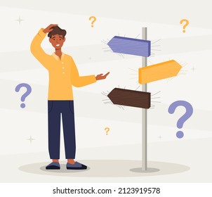 Concept of choice. Young guy rubs his head with his hand near check table. Road signs, many paths and searching for best solution. Metaphor of lifes problems. Cartoon flat vector illustration