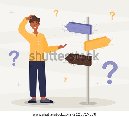 Concept of choice. Young guy rubs his head with his hand near check table. Road signs, many paths and searching for best solution. Metaphor of lifes problems. Cartoon flat vector illustration