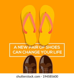 Concept of choices, a new pair of shoes can change your life. Vector illustration. 