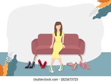 Concept of choices,  Woman choosing shoes in your suit your feet and comfortable activities. Vector illustration flat.