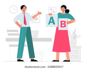 Concept of choose. Woman offers man to make decision and choose between A and B. Comparison of options and analytics, logical thinking. Strategy and planning. Cartoon flat vector illustration