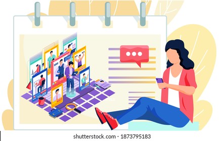 The concept of choosing a future profession. A girl student selects occupation on the monitor screen with images of men of various specialties and activities with salaries, remote work, freelance