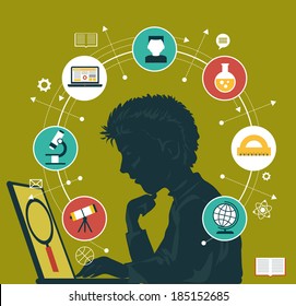 The concept of choosing a future profession. Icons education. Silhouette of a boy with a laptop surrounded by icons of education.