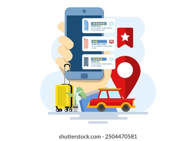 The concept of choosing hotels and rooms online booking images, Browse searches or choose hotels, inns and apartments via the internet, Concept of travel, holidays and accommodation. flat vector.
