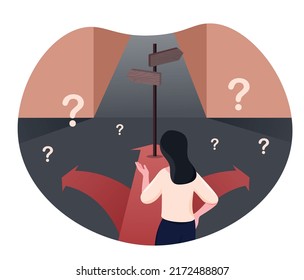 Concept of choosing path. Girl standing on road with three direction arrows. Confused woman tries to decide which way to go. Character makes difficult decision. Cartoon flat vector illustration.