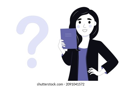 The concept of choosing a study, a graduate girl with a diploma. The girl asks a question about studying with a diploma. Flat illustration
