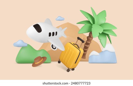 Concept of choosing trip with 3D elements. Sandy and snowy mountains, green hill, palm tree, suitcase and straw hat, airplane.  Composition of journey. Summer vacation offer vector illustration.