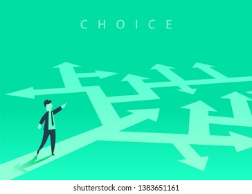 The concept of choosing the way of business and a businessman showing the direction. Problem solving, way to success. Vector illustration.
