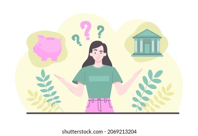 Concept of choosing woman. Girl has questions. Character trying to find balance in life. Prioritization, home, family, work. Person with question mark, thoughtful. Cartoon flat vector illustration