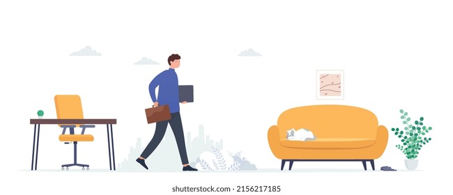 Concept choosing work remotely from home, office. Businessman in office clothes works both at home and in  office. Self-employment, freelancing, maximum productivity work results.