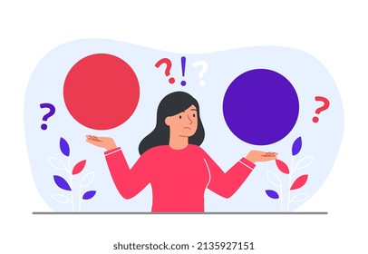 Concept of choosing. Young girl evaluates two options, pensive character. Woman makes important decision. Doubts and worries, uncertainty and confusion, ask. Cartoon flat vector illustration