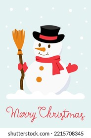 Concept Of Chrismas Postcard With Happy Snowman Vector Illustration In Flat Style