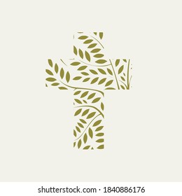 Concept of a Christian cross decorated with leaves and branches on a light background. Vector illustration, religious sign, icon, logo, emblem, design element.