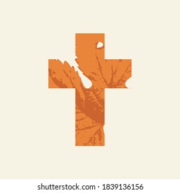 Concept of a Christian cross decorated with a yellowed grape leaf on a light background. Vector illustration, religious sign, icon, logo, emblem, design element.