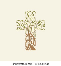 Concept of a Christian cross in the form of a tree on a light background. Decorative tree in the shape of a cross. Vector illustration, religious sign, icon, logo, emblem, design element.