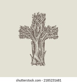 Concept of a Christian cross in the form of a tree hand drawn. Decorative tree in the shape of a cross. Vector illustration, religious sign, icon, logo, emblem, design element.