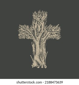 Concept of a Christian cross in the form of a tree hand drawn. Decorative tree in the shape of a cross. Vector illustration, religious sign, icon, logo, emblem, design element.