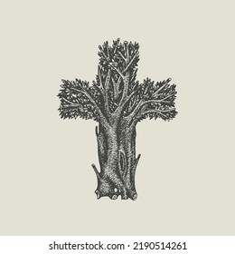 Concept of a Christian cross in the form of a tree hand drawn. Decorative tree in the shape of a cross. Vector illustration, religious sign, icon, logo, emblem, design element.