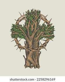 Concepto de cruz cristiana en forma de árbol con una corona de espinas dibujada a mano. Árbol decorativo en forma de cruz. Ilustración vectorial, signo religioso, icono, logotipo, emblema, elemento de diseño.