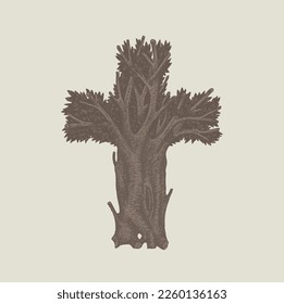 Concept of a Christian cross in the form of a tree hand drawn. Decorative tree in the shape of a cross. Vector illustration, religious sign, icon, logo, emblem, design element.