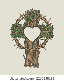 Concepto de una cruz cristiana en forma de árbol con una corona de espinas dibujada a mano y corazón de señas. Árbol decorativo en forma de cruz. Ilustración vectorial, signo religioso, icono, logotipo, emblema