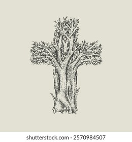 Concept of a Christian cross in the form of a tree hand drawn. Decorative tree in the shape of a cross. Vector illustration, religious sign, icon, logo, emblem, design element.