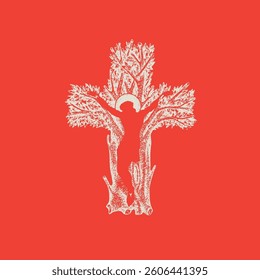 Concept of a Christian cross in the form of a tree hand drawn blood color with crucified Jesus Christ. Decorative tree in the shape of a cross. Vector illustration, religious sign, icon, logo, emblem