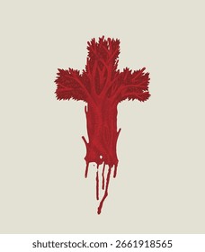 Conceito de uma cruz cristã na forma de uma mão de árvore desenhada com gotas vermelhas de sangue.Vetor ilustração, sinal religioso, ícone, logotipo, emblema, elemento de design, t-shirt. Sem ai