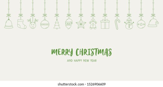Concept of Christmas background with hanging icons and wishes. Festive ornament. Vector