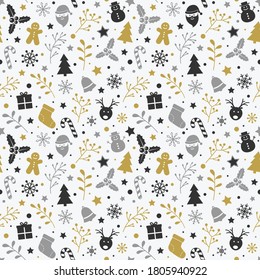 Konzept von Weihnachtshintergrund mit Ornamenten. Nahtloses Muster. Vektorgrafik