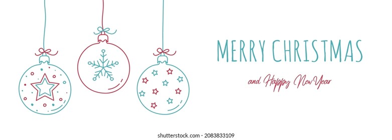 Concept of Christmas banner with hanging baubles. Xmas decoration. Vector