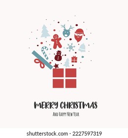 Concepto de tarjeta de Navidad con una caja llena de regalos y deseos. Vector