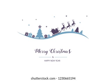 Concept of Christmas card with hand drawn Santa Claus and reindeers. Vector.