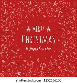 Concept of Christmas card with hand drawn ornaments. Vector.