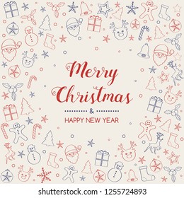 Concept of Christmas card with hand drawn ornaments. Vector.