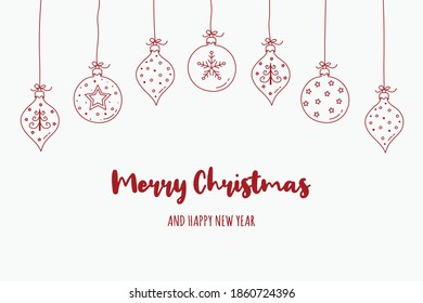 Concept of Christmas card with hanging baubles. Xmas decoration. Vector