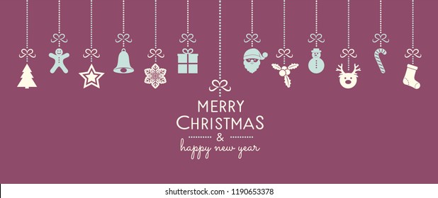 Concept of Christmas card with hanging decorations. Vector. 