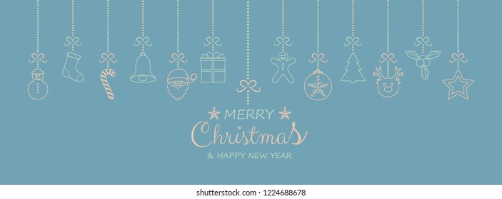 Concept of Christmas card with hanging ornaments. Vector.