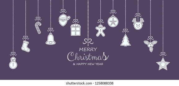 Concept of Christmas card with hanging ornaments. Vector.