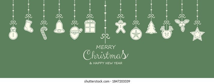 Concept Of Christmas Card With Hanging Ornaments. Vector.