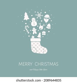 Concept of Christmas card with a sock full of gifts and wishes. Vector