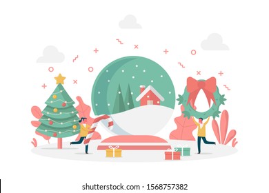 concept of Christmas decoration with snow globe, wreath, pine tree and candy cane, vector flat illustration for web, landing page, ui, banner, editorial, mobile app and flyer.