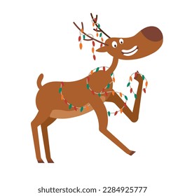 Concept Christmas deer wrapped in a garland. A flat vector illustration of a cartoon Christmas deer is depicted with a garland around its neck, bringing the festive vibe. Vector illustration.