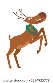 Concept Christmas deer with a Christmas wreath around his neck. This vector illustration depicts a flat, cartoon-style Christmas deer wearing a festive wreath around his neck. Vector illustration.