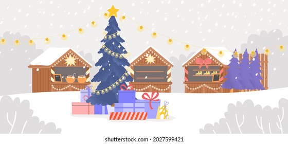 Concept of Christmas fair. Flat vector illustration with a big Christmas tree with gifts and a stalls in the background. New Year celebrations web banner or flyer.