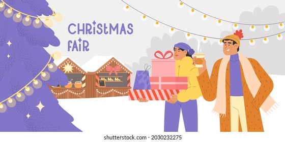 Concept of Christmas fair. Flat vector illustration with a happy family in front of the Christmas market. Christmas and New Year celebrations web banner or flyer.