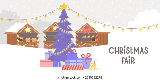 Concept of Christmas fair. Flat vector illustration with a big Christmas tree with gifts and a stalls in the background. New Year celebrations web banner or flyer.