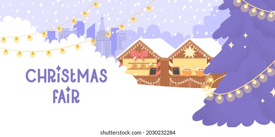 Concept of Christmas fair. Flat vector illustration with a big Christmas tree with gifts and a stalls in the background. New Year celebrations web banner or flyer.
