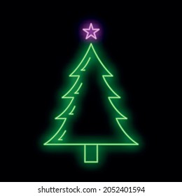 Concept christmas fir tree icon with star green neon glow style, happy new year and merry christmas flat vector illustration, isolated on black. Xmas holiday winter time.