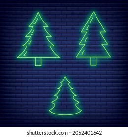 Concept christmas fir tree icon green neon glow style, happy new year and merry christmas flat vector illustration, isolated on black.